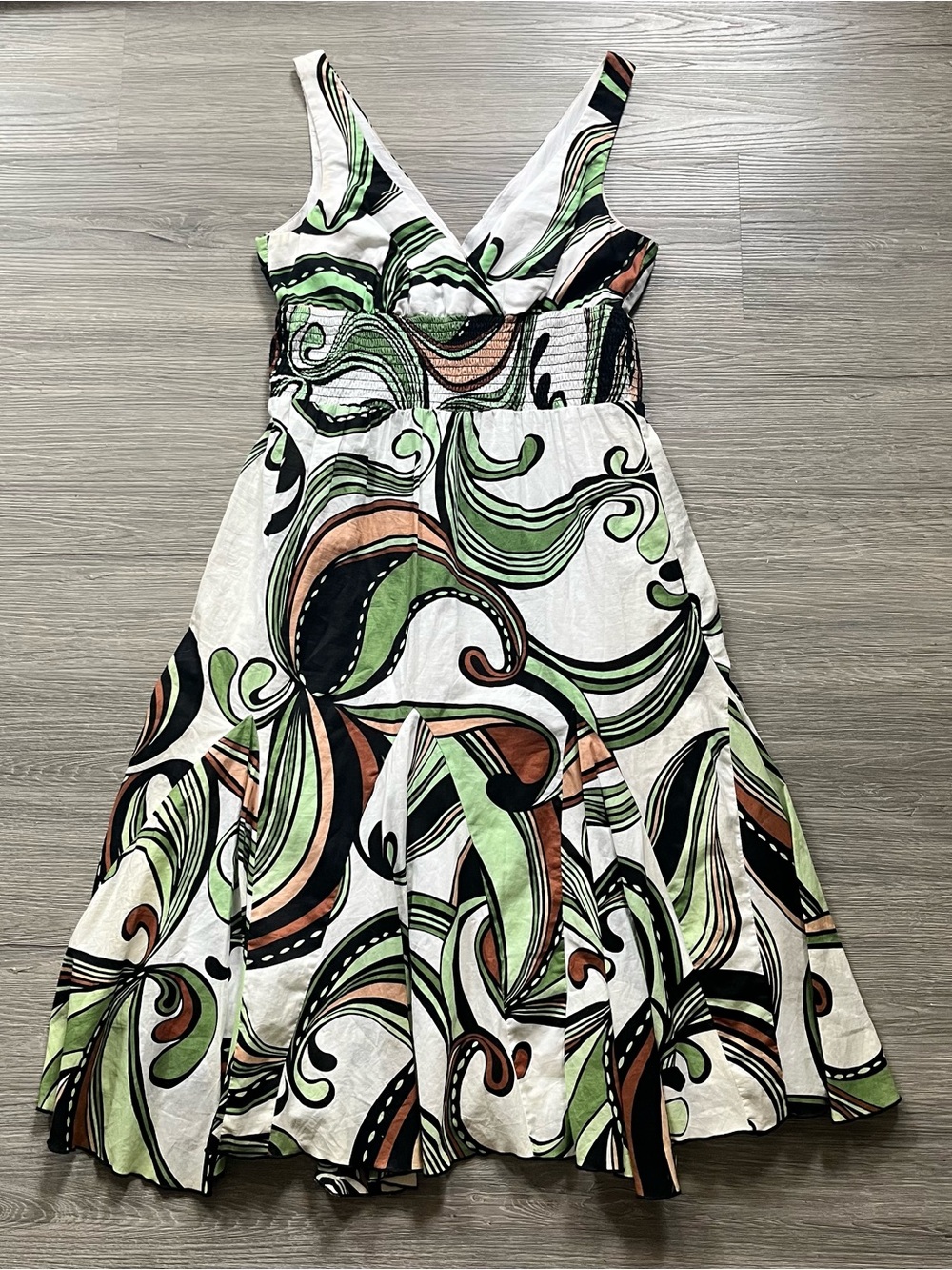 White BISOU Swirl Patterned Godet Sundress with Brown & Green